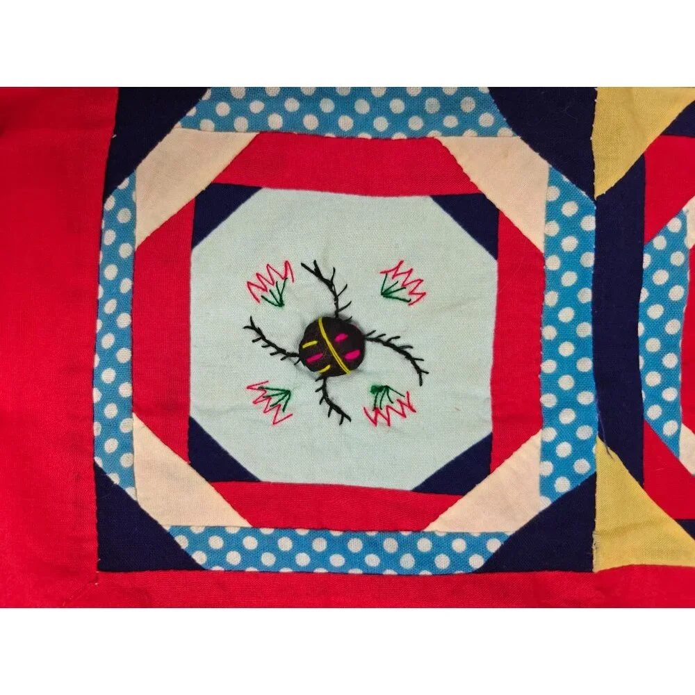 Vintage Handmade Red Throw Pillow Cover Embroidered Asian Oriental Patchwork